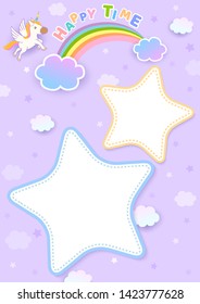 Illustartion vector of Happy Time purple background design with rainbow star frame  and unicorn.