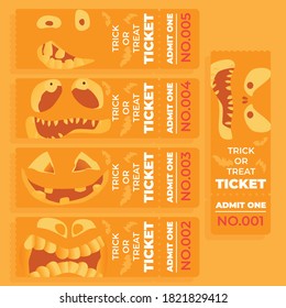 Illustartion vevtor of Halloween trick or treat event party tickets woth orange background and scared pumpkin in the night