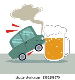Illustation of An accident of car and beer in flat vector style.Illustration about accident with drunk
for background, graphic,content , banner, sticker label and greeting card.. 