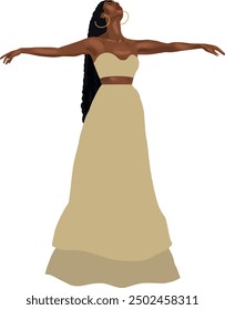 Illustation of a black woman with arms outstretched looking up long hair long skirt beige bustier top vector