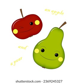 Illustation with cute smiling Apple and  Pear in doodle cartoon style.