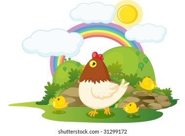 illustation of hen with three chicken on rainbow background