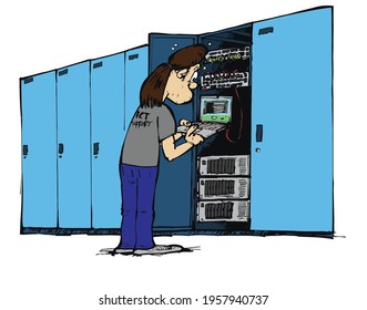 Illustation of an ICT employee in front of a server cabinet containing 2 switches and 3 servers using a laptop. Looking at his laptop screen rather worryingly.