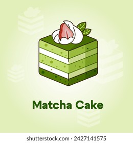 Illustation of Matcha cake whipping cream and strawberry