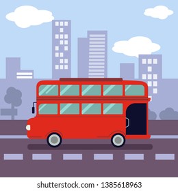 Illustation of A red Double decker bus with shape of symbol a city in flat vector style.