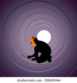 illustation of silhouette of welder sitting in the tube and working