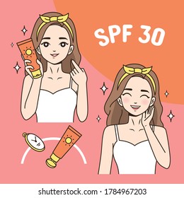 Illustation for skin care.Women applying sunscreen.