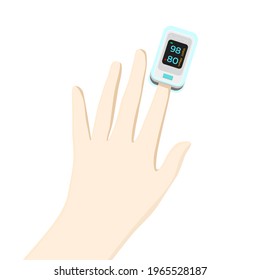 Illustation Of Using A Blood Oxygen Monitor With The Fingertip On The Left Index Finger. Flat Design Vector.