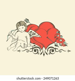 Illustation of Valentine's Day card with Cupid, two hearts and flowers.