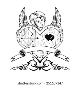 Illustation of Valentine's Day card with heart and Cupid. Black and white style.