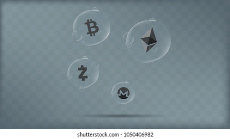 Illustation vector of cryptocurrency icon in transparent bubble on transparent background cryptocurrency bubble crisis investment concept