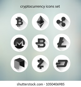 Illustation vector of cryptocurrency icons set including bitcoin and ethereum with long shadow on blurred background cryptocurrency blockchain concept
