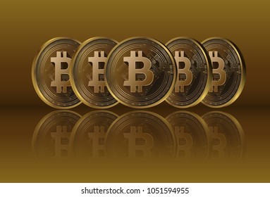 Illustation vector of realistic golden bitcoin on golden background cryptocurrency concept