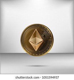 Illustation vector of realistic golden ethereum coin on grey background cryptocurrency concept