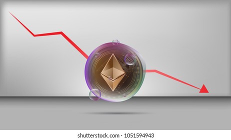 Illustation vector of realistic golden ethereum coin in transparent bubble with falling graph cryptocurrency concept