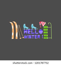 Illustation of winter sport fun. Christmas and New Year elements with lettering. Xmas greeting card concept. Winter holiday objects. Vector flat design with texture