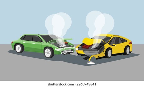 Illustiation und Vektorgrafik. Zwei Autos kollidieren auf der Straße. Die Vorderseite war schwer beschädigt. Das Auto war schwer beschädigt, und der Rauch ging vom Heizkörper aus. Hintergrund in hellgrauer und weicher blauer Farbe.