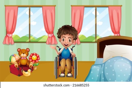 Illustraion of a boy on wheelchair in bedroom