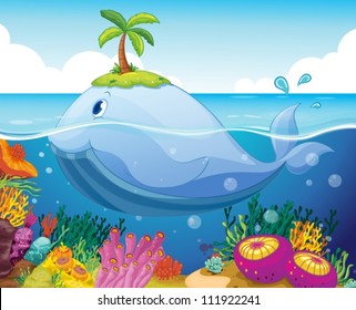 illustraion of a fish, island and coral in the sea