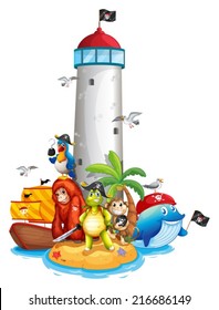 Illustraion of a lighthouse and many animals