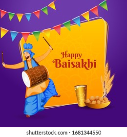 Illustraion of Punjabi Festiva Baisakhi or Vaisakhi with a Happy Punjabi Man Playing Drum and Performing Traditional Dance Bhangra with Wheatears, Sweet and Drink on Purple Background. 