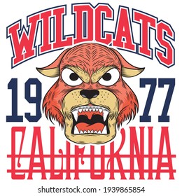 Illustraion vector tiger in college style and text wildcats california with background