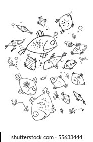 illustraition of cartoon fishes, hand drawn design set.