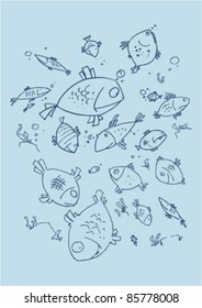illustraition of cartoon fishes, hand drawn design set.