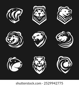 Illustraition of cute flat beaver icons set, black white v5