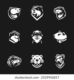 Illustraition of cute flat beaver icons set, black white v1