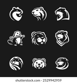 Ilustración de lindos iconos de castor plano conjunto, blanco negro v2