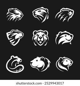 Illustraition of cute flat beaver icons set, black white v3