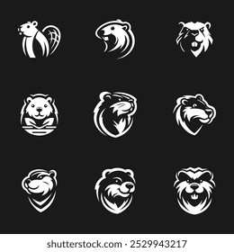 Illustraition of cute flat beaver icons set, black white v4