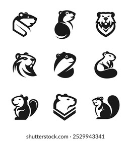 Illustraition of cute flat beaver icons set, black white v6