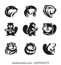 Illustraition of cute flat beaver icons set, black white v7