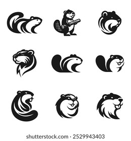 Illustraition of cute flat beaver icons set, black white v8