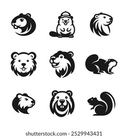 Ilustración de lindos iconos de castor plano conjunto, negro blanco v9