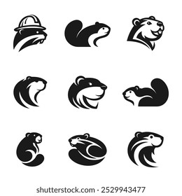 Illustraition of cute flat beaver icons set, black white v11