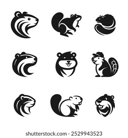 Ilustración de lindos iconos de castor plano conjunto, blanco negro v10