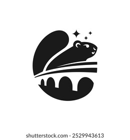 Illustraition of cute flat beaver icons set, black white v12