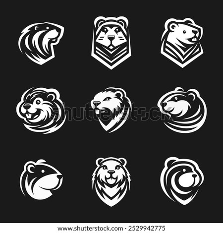 Illustraition of cute flat beaver icons set, black white v5