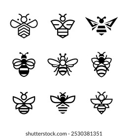 Ilustración de lindos iconos de abeja plana, blanco negro v3