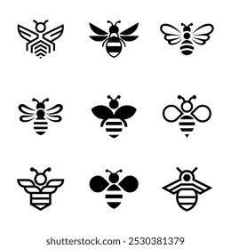 Ilustración de lindos iconos de abeja plana conjunto, blanco negro v2