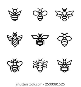 Illustraition of cute flat bee icons set, black white v4