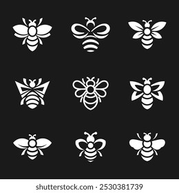 Illustraition of cute flat bee icons set, black white v11