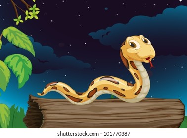 Illustraiton of snake on a log at night