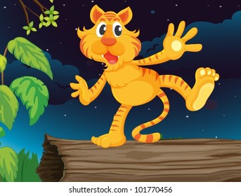 Ilustración del tigre en el tronco por la noche