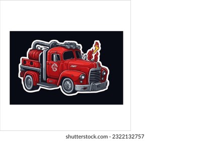 Illustrasi vector graphic of classic fire truck, red color, dark back ground.