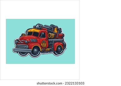 Illustrasi vector graphic of classic fire truck, red color, blue and purple back ground.