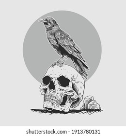 Illustrasion crow on the skull head.premium vector